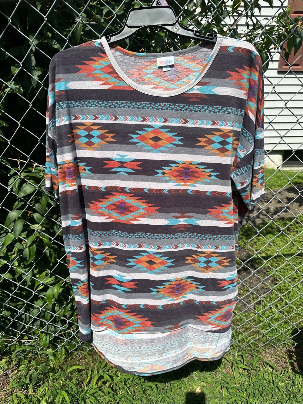 LuLaRoe Brown Irma Tunic with Teal, Coral & Gold Aztec Print